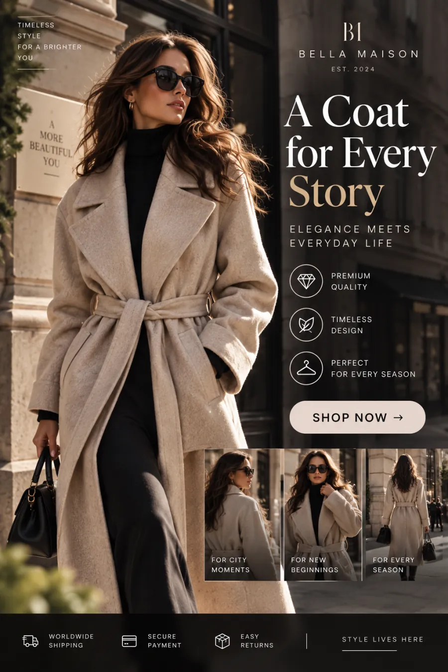 Mode-Pin: ein beiger Gürtelmantel auf einer Stadtstraße, daneben drei kleinere Aufnahmen weiterer Ansichten desselben Looks