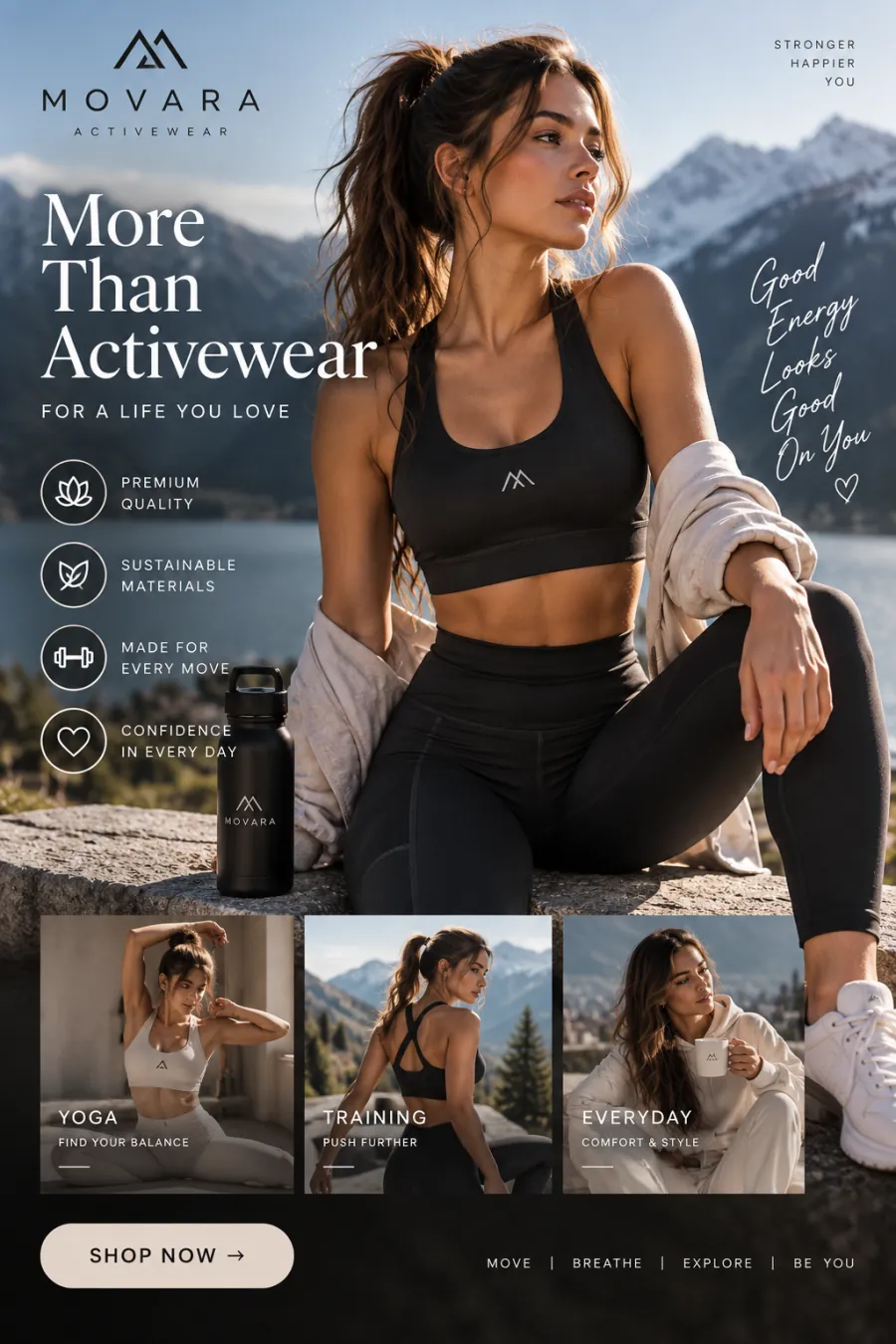 Sportswear-Pin: ein Model an einem Bergsee, darunter drei kleinere Aufnahmen derselben Person in Yoga-, Trainings- und Alltagslooks